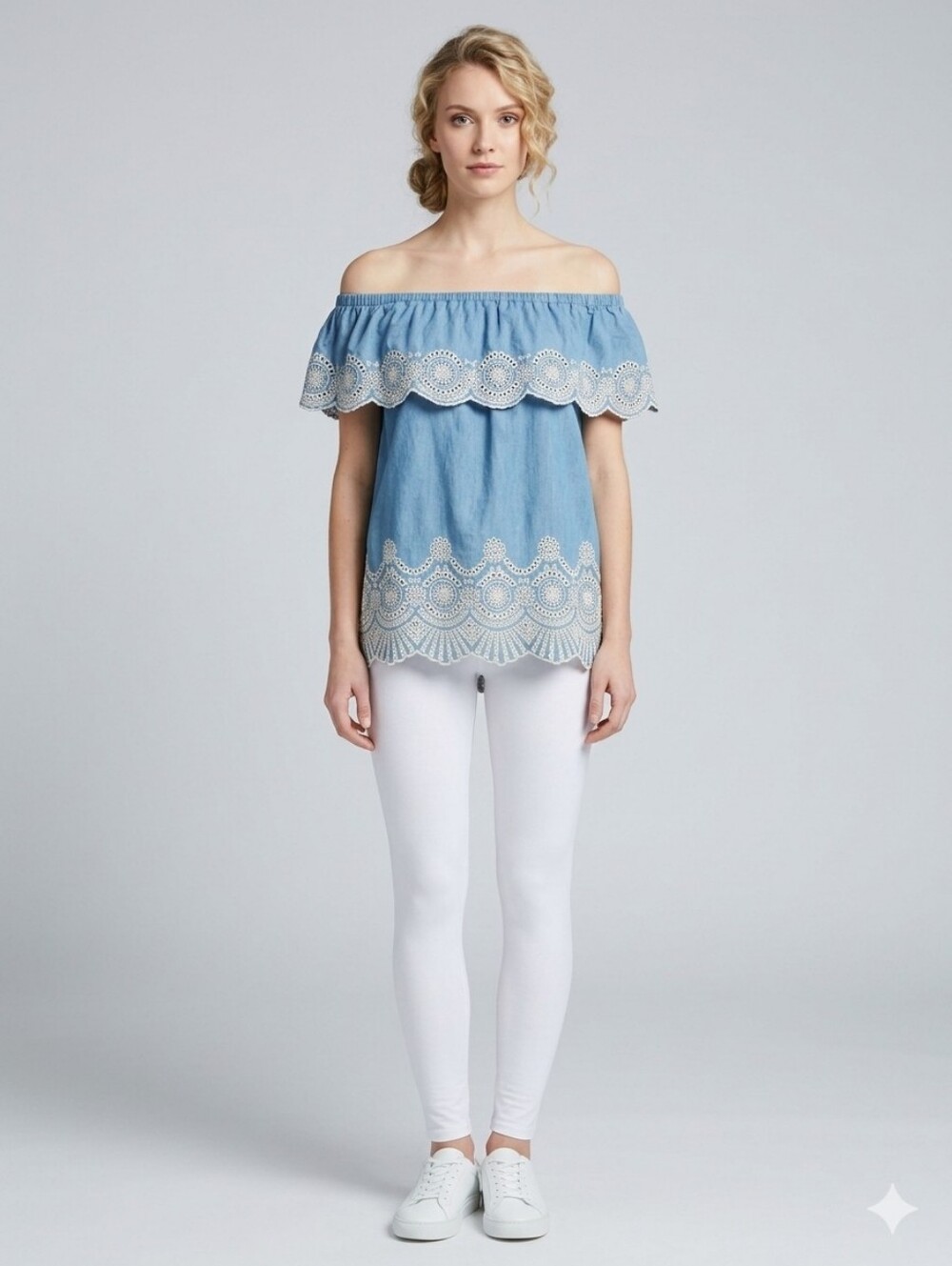 Fever Blue Embroidered Off-Shoulder Tunic